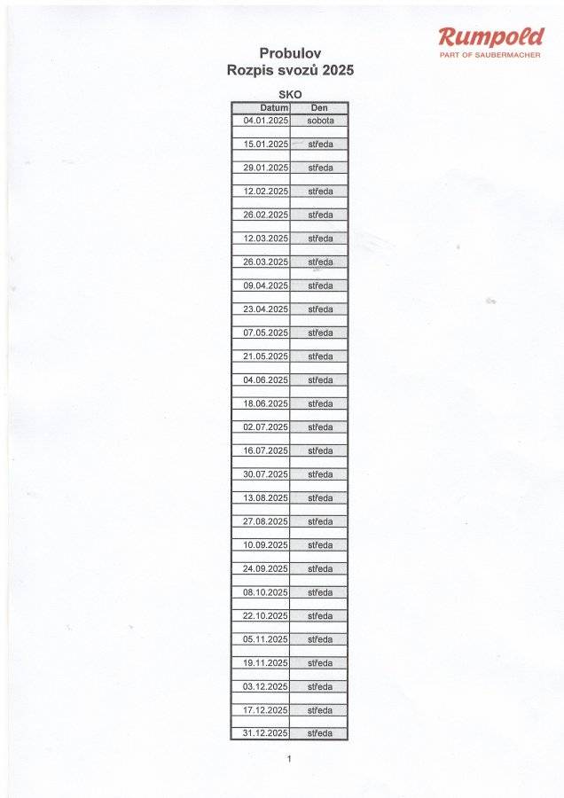 Rozpis svozů směsného komunálního odpadu pro rok 2025 je níže v dokumentu.