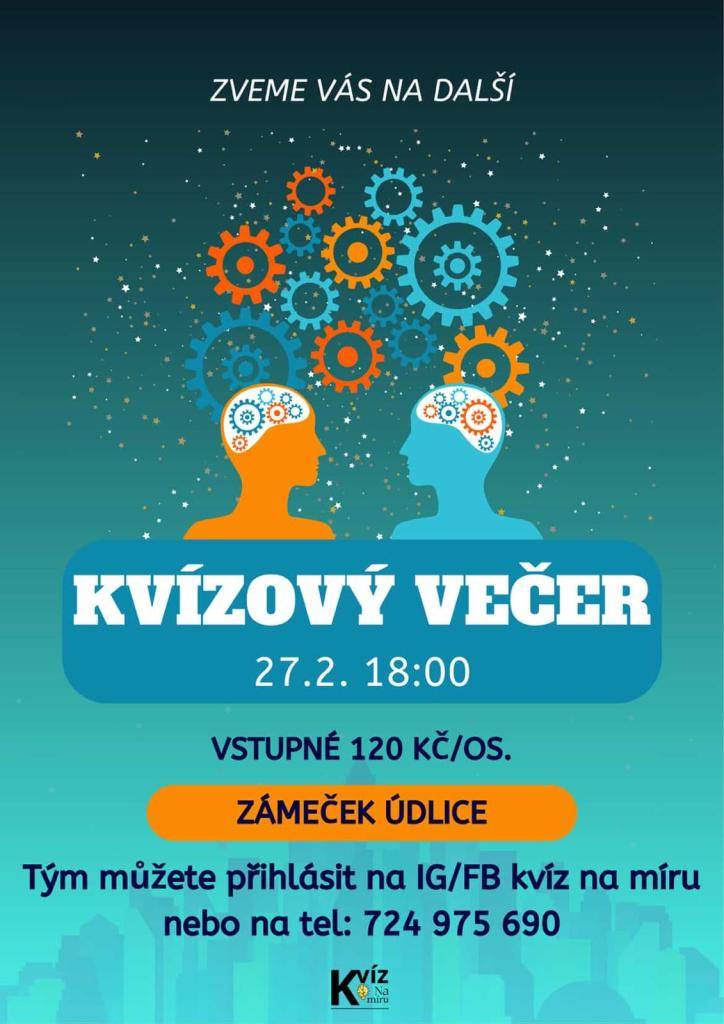 Pro všechny, kteří rádi soutěží kvízový večer dne 27. 2. 2026 od 18h na zámečku. Návod k přihlášení na letáčku.