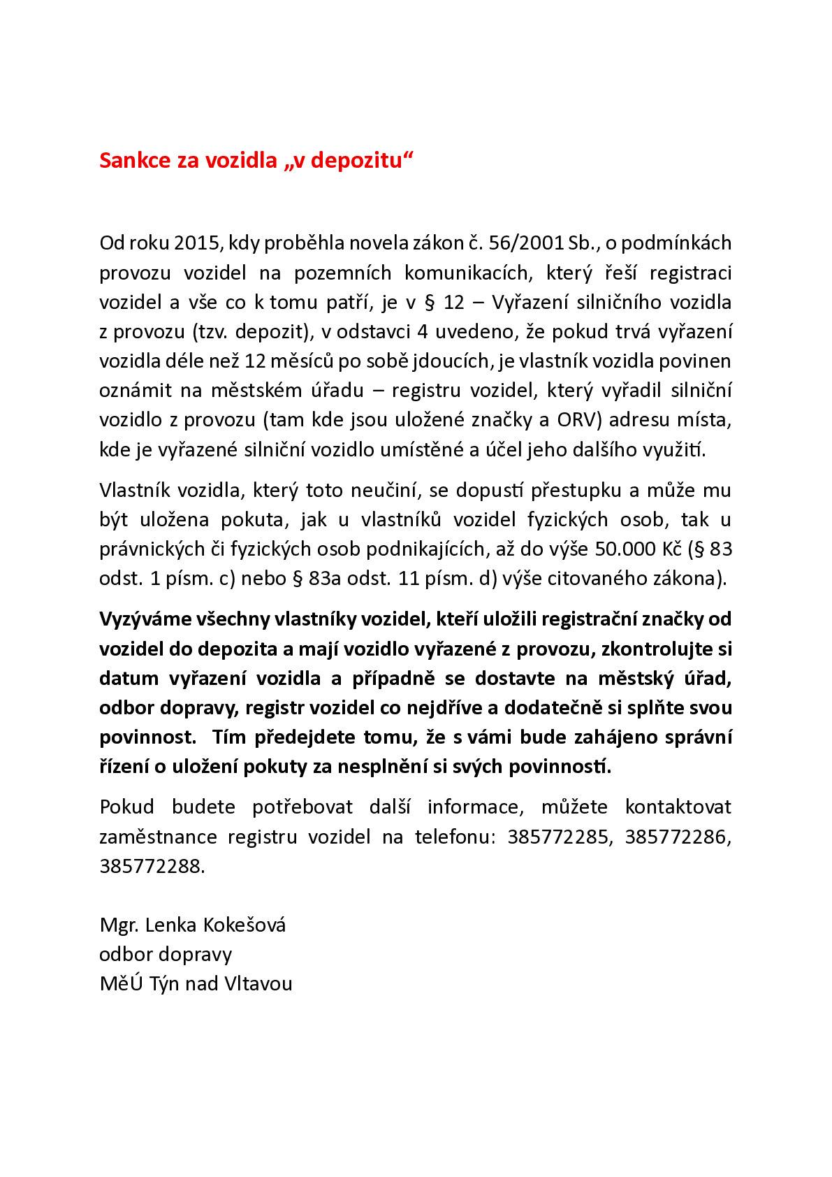 Doplnění místa uložení vozidla na odboru dopravy na MěÚ Týn nad Vltavou