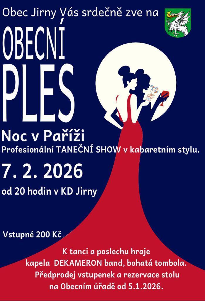 Obec Jirny Vás srdečně zve na Obecní ples s podtitulem „Noc v Paříži“, který se uskuteční již zítra 7. února 2026 od 20:00 hodin v KD Jirny.