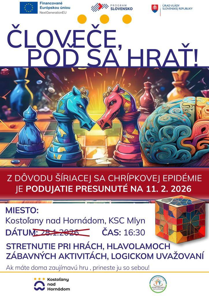 Pozývame Vás 11.2.2026 o 16.30 do Mlyna na zábavný večer Človeče, poď sa hrať.