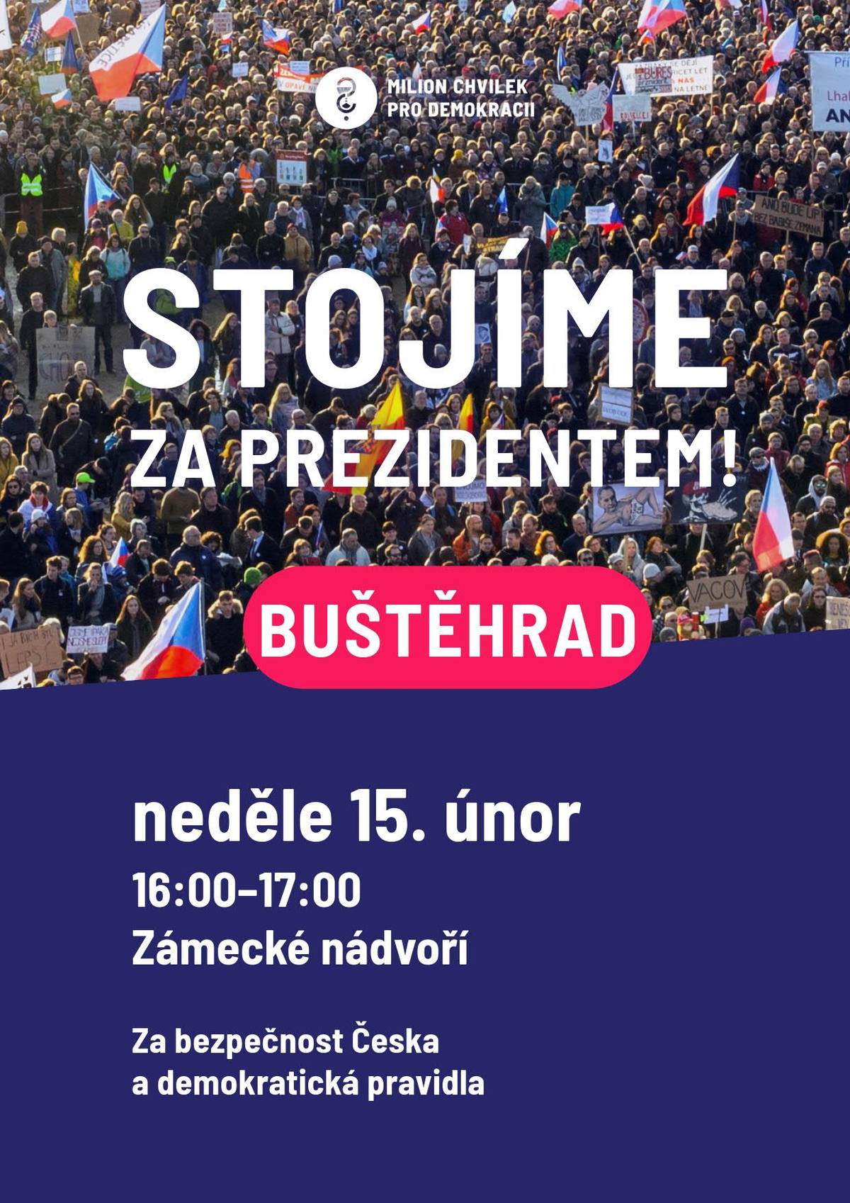 Také Buštěhrad se - jako více než stovka dalších měst a obcí - připojuje a akci Milionu chvilek pro demokracii na podporu našeho prezidenta Petra Pavla.   Buštěhradští zastupitelé s konáním akce jednomyslně souhlasí - v naší republice jsou v současnosti ohrožovány demokratické hodnoty, k čemuž nemůžeme ani my mlčet.   - Je čas postavit se za bezpečnost naší země a za elementární pravidla. - Je čas dát jasně najevo, že STOJÍME ZA PREZIDENTEM. - A je čas ukázat, že nás je hodně.   Přijďte se v neděli postavit za demokracii, slušnost a bezpečnost naší země.   Vaše starostka