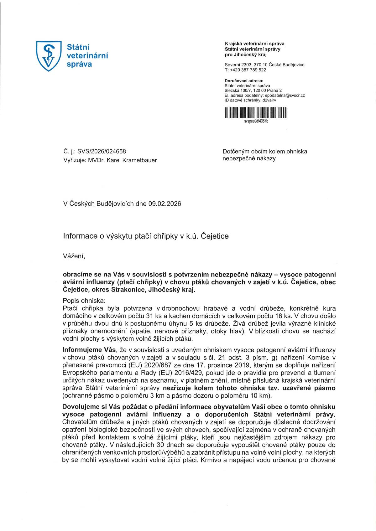 Informace o výskytu ptačí chřipky v k.ú. Čejetice