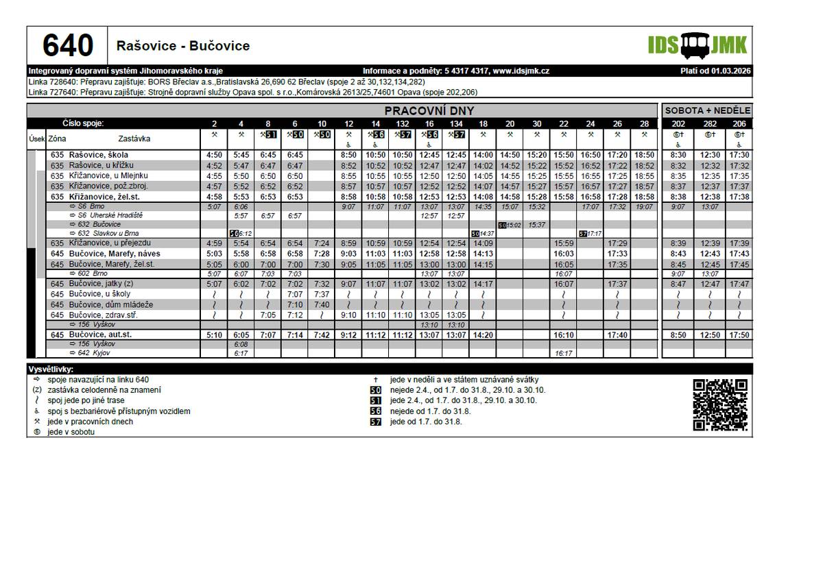 Od 1. 3. 2026 vstupuje v platnost změna jízdního řádu autobusové linky 640 (Rašovice – Bučovice). U vybraných spojů dochází v úseku Křižanovice, žel. st. – Bučovice, aut. st. k posunu časů (spoje jedou v tomto úseku dříve). Cílem změny je odstranění nežádoucího čekání v Křižanovicích a zlepšení návazností na další spoje.  Nejvýznamnější návaznosti (pracovní dny): Spoj 640/4 (ráno)  Marefy, žel. st. → linka 602 směr Brno: odjezd 602 v 6:07, přestup cca 7 min Bučovice, aut. st. → linka 156 směr Vyškov: odjezd 156 v 6:08, přestup cca 3 min (krátký přestup – doporučujeme rychlý přesun na stanoviště) Dále vychází i návaznost na vlak S6 v Křižanovicích.  Spoje 640/16 a 640/134 (poledne)  Marefy, žel. st. → linka 602 směr Brno: odjezd 602 v 13:07, přestup cca 7 min Linka 156 směr Vyškov: návaznost je vyznačena z Bučovice, zdrav. středisko na odjezd v 13:10, přestup cca 5 min (pro tuto návaznost doporučujeme vystoupit na zastávce „Bučovice, zdrav. středisko“) Dále vychází i návaznost na vlak S6 v Křižanovicích.