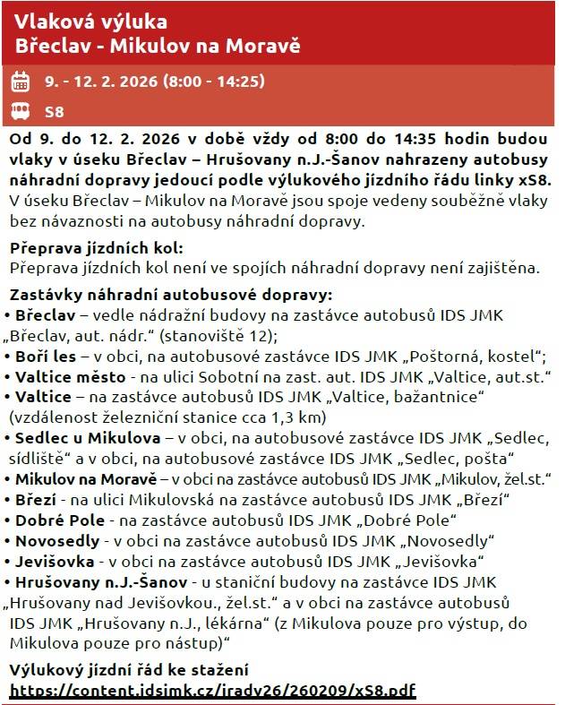 Břeclav - Mikulov na Moravě  9. - 12. 2. 2026 (8:00 - 14:25)