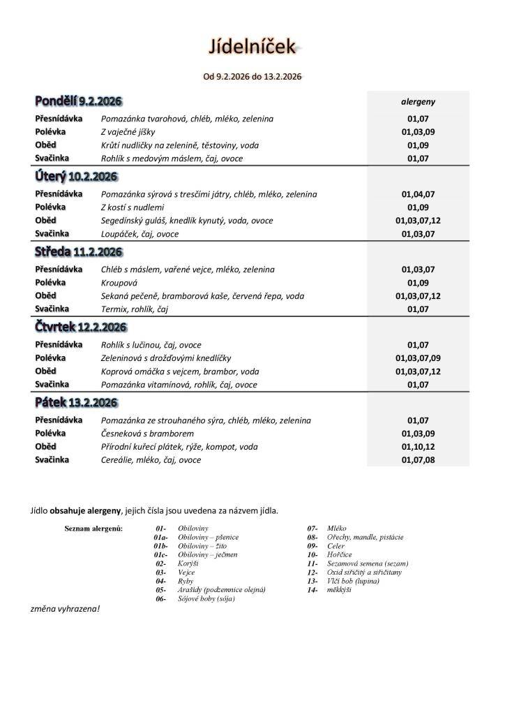 Jídelníček základní školy platný v týdnu od 9. do 13.2.2026