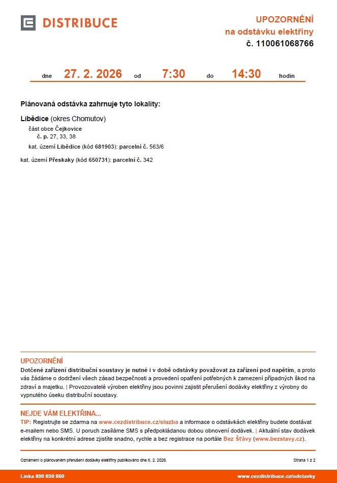 odstávka el.energie 27.2.2026