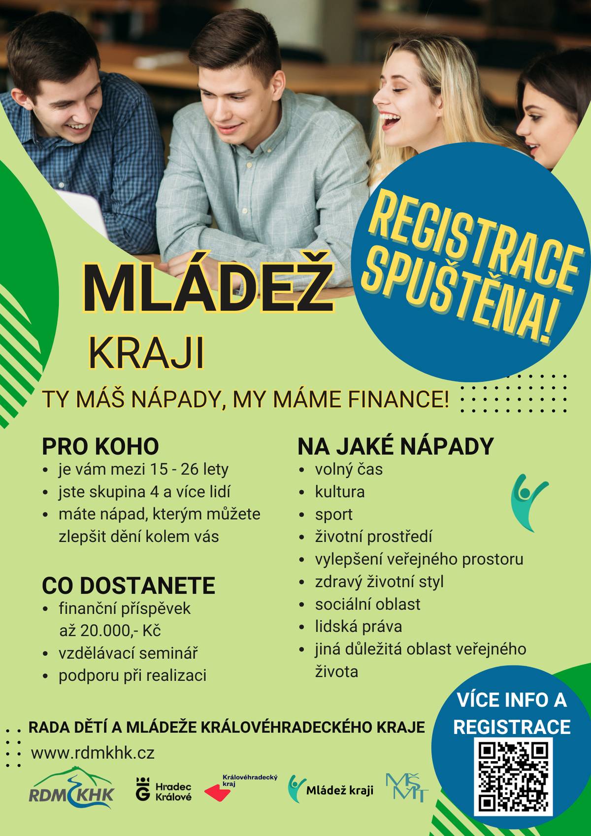 Je ti 15-26 let a  máš nápad? Teď je šance ho uskutečnit! 🚀 Chceš uspořádat akci, koncert, turnaj, workshop, herní večer nebo cokoliv jiného pro lidi z okolí? Projekt Mládež kraji ti dává možnost vzít svůj nápad a proměnit ho ve skutečnost. Je to pro mladé ve věku 15–26 let, kteří chtějí něco vymyslet, zorganizovat a zkusit si, jaké to je dělat akci „naostro“. Co z toho máš? ✅ peníze na realizaci (5 000–20 000 Kč) ✅ podporu při organizaci ✅ zkušenosti, které se fakt hodí ✅ akci, která pobaví ostatní Jak to funguje?   vymyslíš nápad na akci pro veřejnost   zaregistruješ ho na webu Mládež v kraji   1. kolo přihlášek je do 31. 3. 2026   akci můžeš uskutečnit kdykoliv během roku (ideálně nejpozději do první poloviny prosince)   po akci jen odevzdáš krátkou zprávu a fotky 👉 klidně můžeš přihlásit i akci, kterou plánuješ až na druhou polovinu roku   Nevíš, co přesně vymyslet? Mrkni na inspiraci z jiných míst: 👉 https://kralovehradecky.mladezkraji.cz/ Projekt v našem kraji zastřešuje Rada dětí a mládeže Královéhradeckého kraje, která dlouhodobě podporuje mladé lidi a jejich nápady. A co obec? Obec Zlatá Olešnice fandí aktivitě mladých 💛 Pokud budeš chtít, může ti bezúplatně zapůjčit vnitřní nebo venkovní obecní prostory (po předchozí domluvě a smluvně). 👉 Sežeň partu, dejte hlavy dohromady a vymyslete něco, co vás baví. Teď máte jedinečnou šanci získat peníze, prostor a udělat akci, která rozhýbe obec.