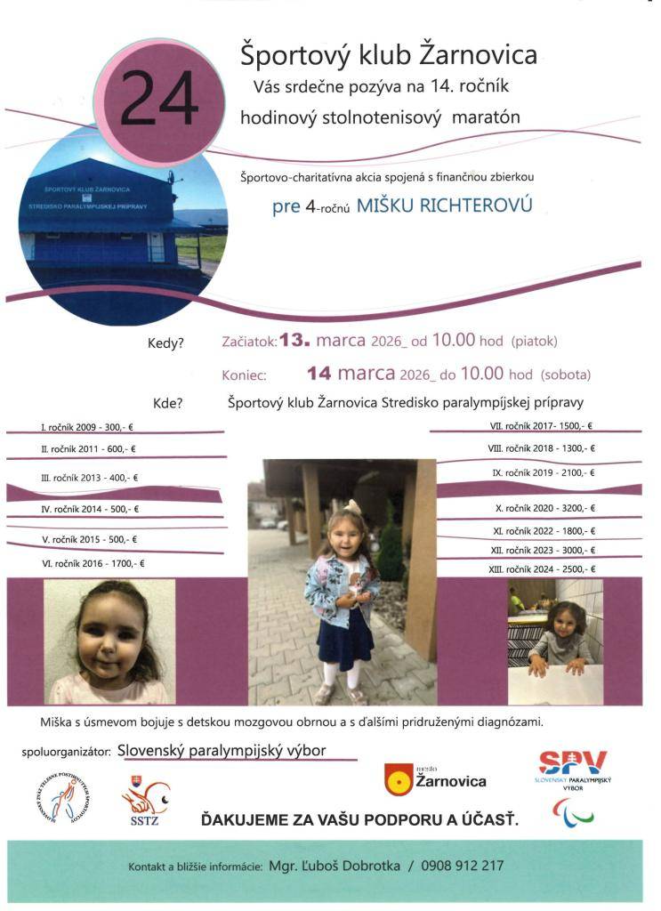 Športvý klub Žarnovica Vás srdečne pozýva na 14. ročník stolnotenisového maratónu.