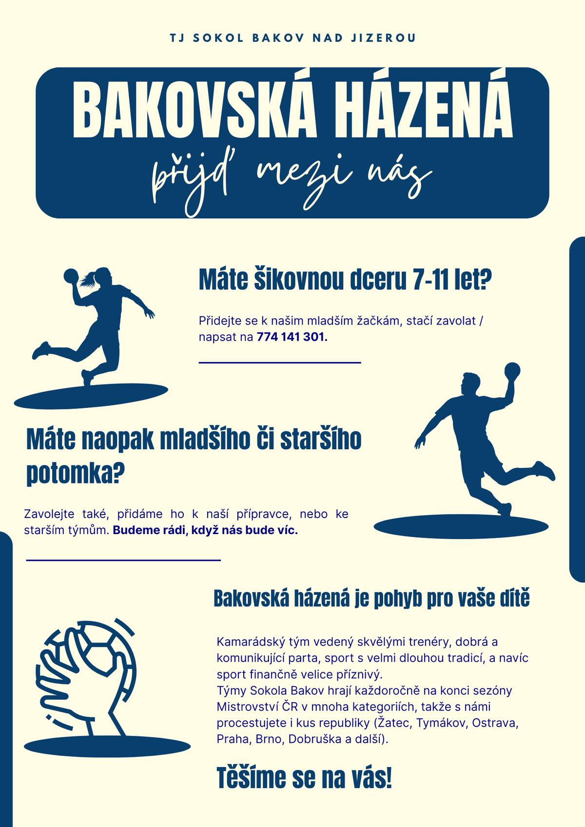 ♟️ Šachy, nebo házená? 🤾♀️ Hlava, nebo pohyb? Ticho u šachovnice, nebo hluk v hale?  Vaše dítě si může vybrat ... 🧠 šachy pro přemýšlivé stratégy 💪 házenou pro ty, co potřebují běhat, házet a vybít energii  Obě cesty vedou k: ✔️ novým kamarádům ✔️ skvělým trenérům ✔️ radosti z hry ✔️ zdravému sebevědomí  👉 Nechte děti zkusit, co jim sedne víc. A klidně i obojí 😉  📍 Bakov nad Jizerou – Sokolovna 📞 Více informací na přiložených plakátech nebo přímo u vedoucích kroužků.