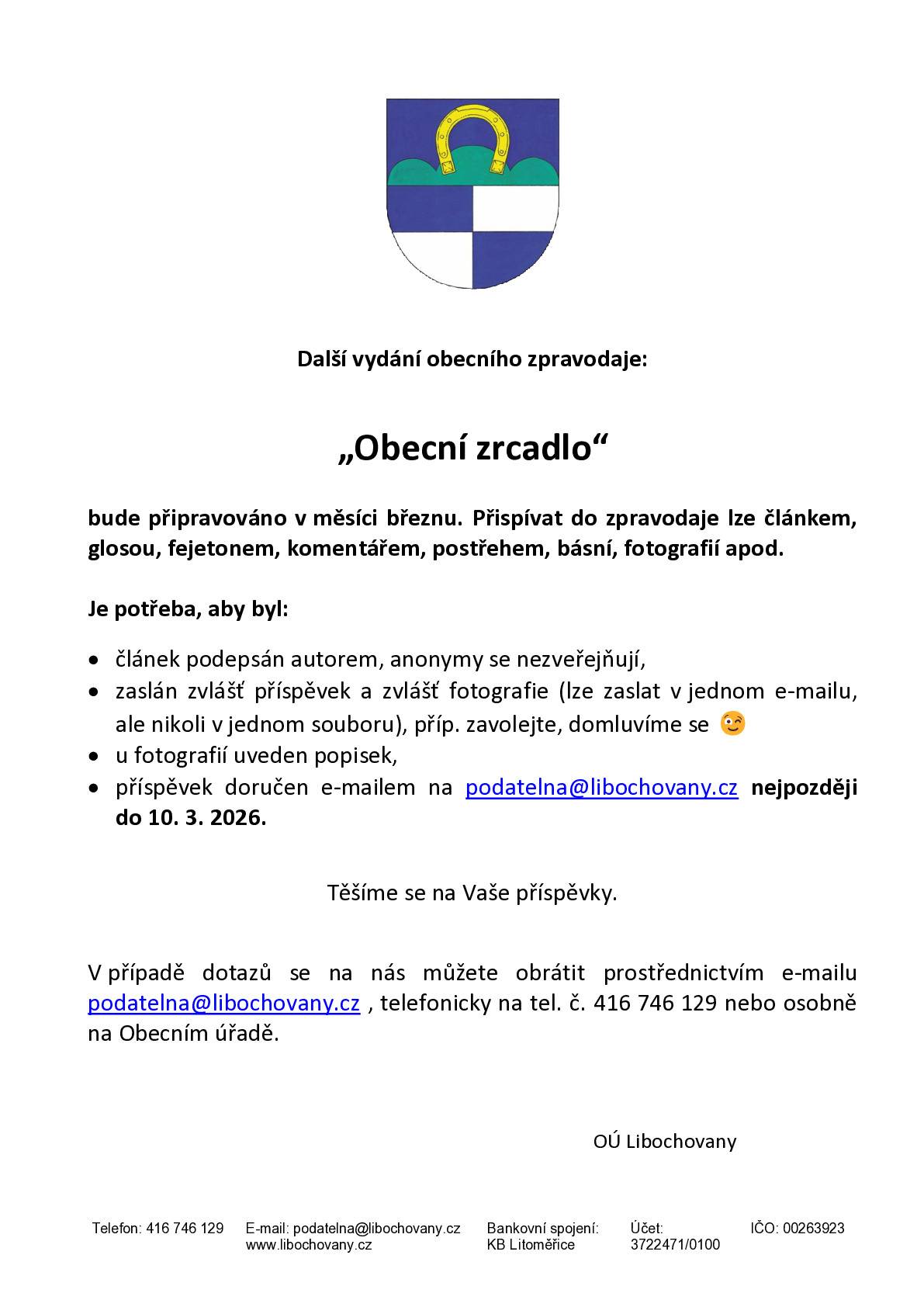 Připravujeme další vydání Obecního zrcadla, příspěvky zasílejte do 10. března 2026. Přejeme hezký de