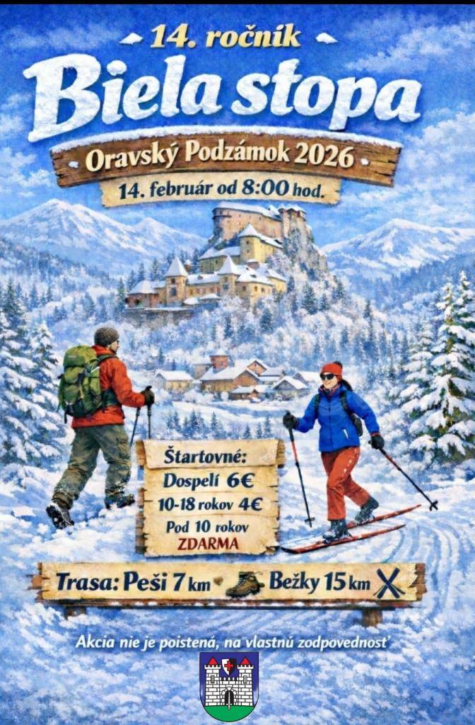 Obec Oravský Podzámok pozýva všetkých priaznivcov zimnej turistiky a bežeckého lyžovania na 14. ročník podujatia Biela stopa, ktoré sa uskutoční 14. februára 2026 so začiatkom od 8.00 hod. v Oravskom Podzámku.