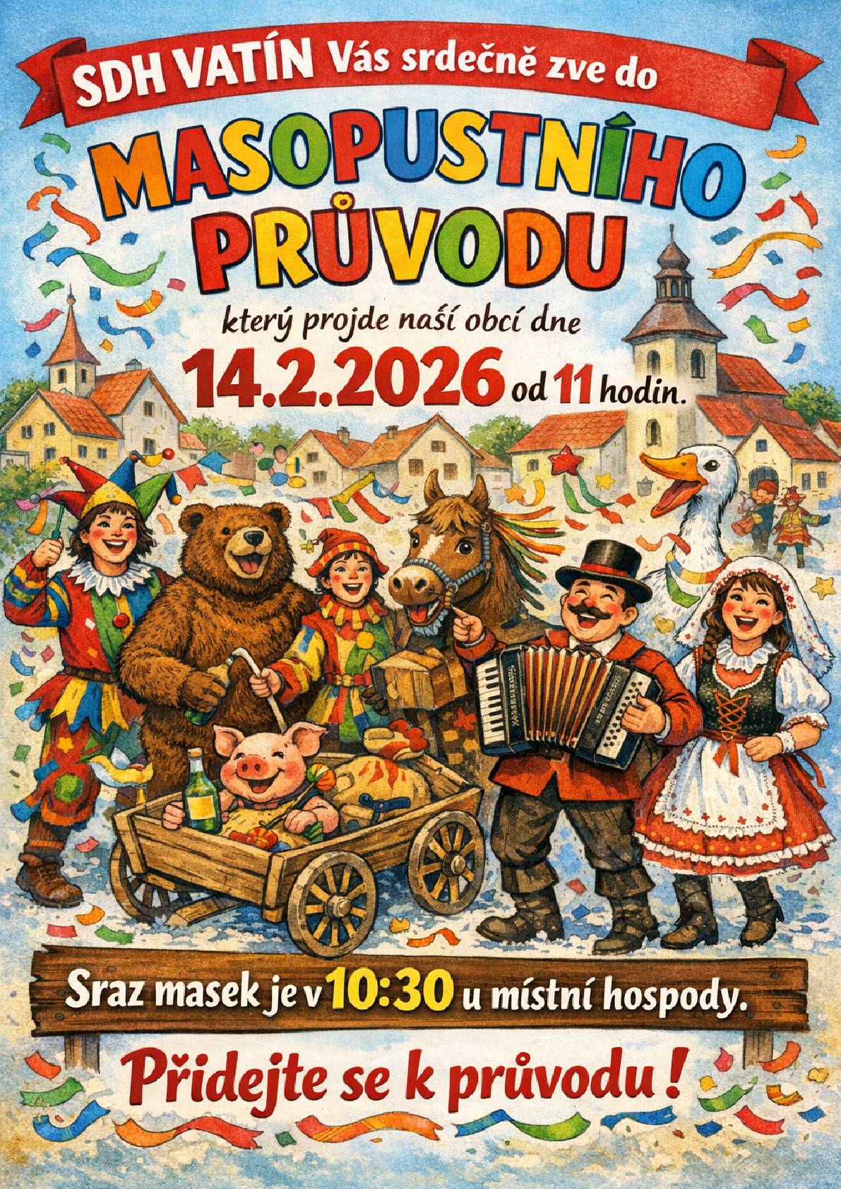SDH Vatín zve občany do masopustního průvodu v sobotu 14.2.2026
