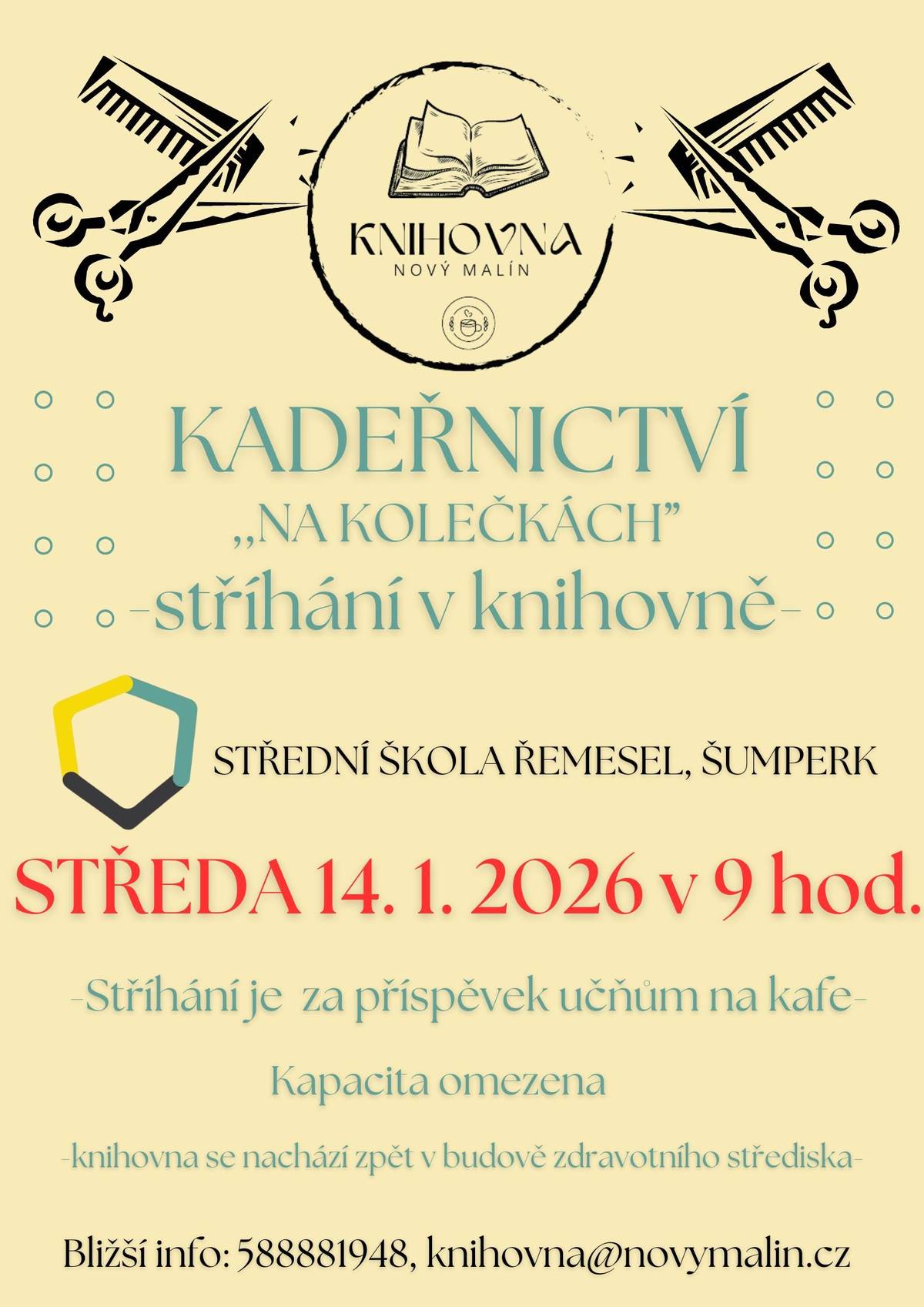 Nezapomeňte se dnes přijít ostříhat. Kadeřnictví na kolečkách v knihovně od 9h do 11h. Těšíme se na Vás