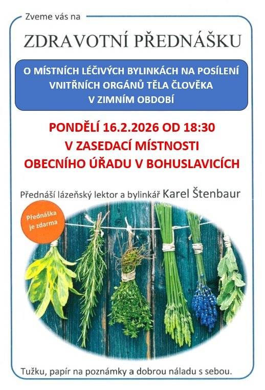 Karel Štenbaur 16.2.2026 od 18:30 v zasedací místnosti OÚ