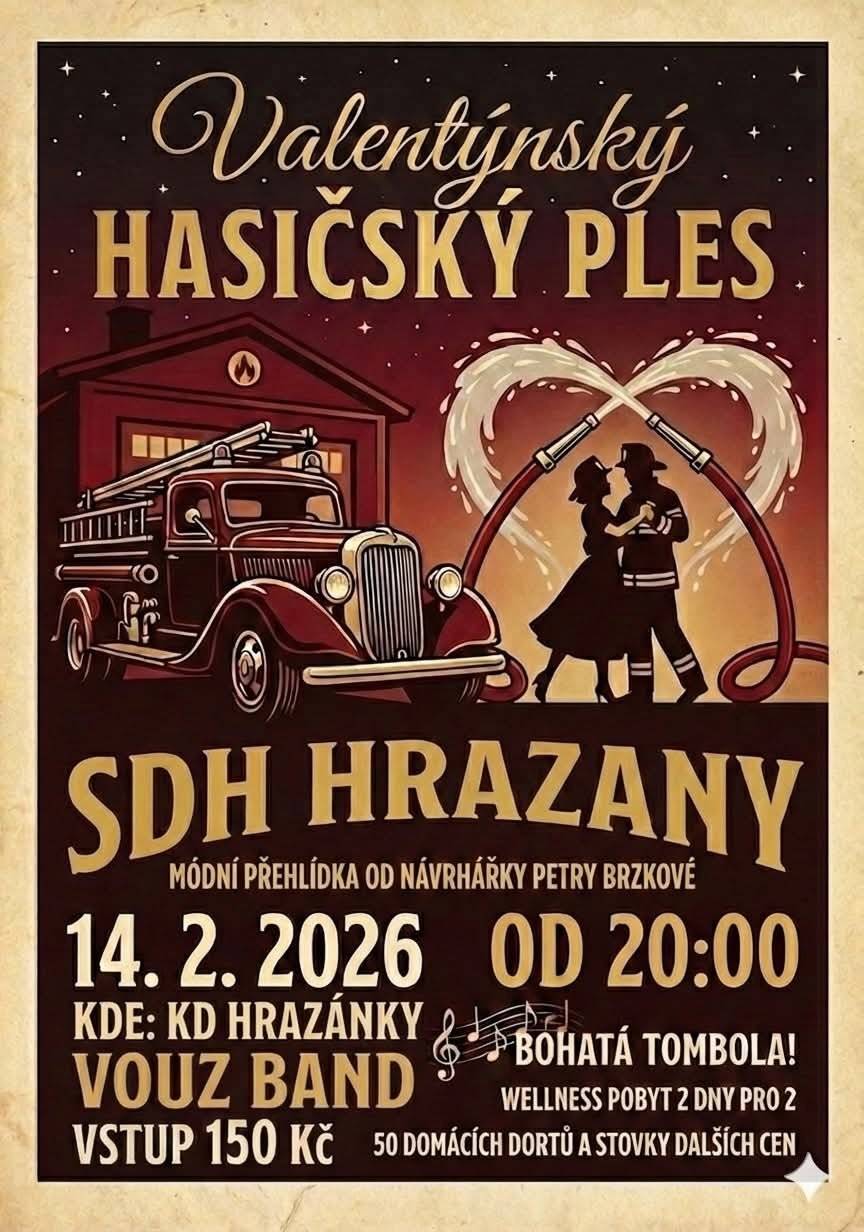 SDH Hrazany Vás srdečně zve na Valentýnský hasičký ples s modní přehlídkou Petry Brzkové, který se uskuteční 14. 2. 2026 v KD Hrazánky od 20:00 hodin. Bohatá tombola, hraje kapela Vouz Band. Těšíme se na Vás!