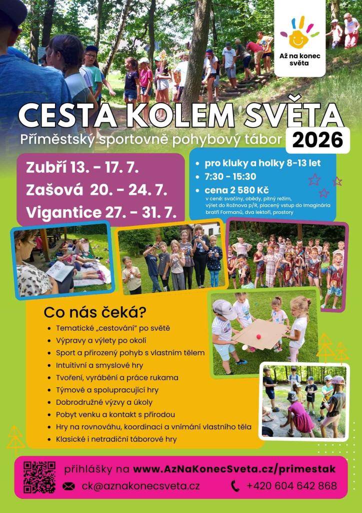 Příměstský tábor pro kluky a holky ve věku 8-13 let se uskuteční od 7:30 do 15:30. Cena je 2580 Kč, včetně svačin, obědů a pitného režimu. Program zahrnuje tematické cestování, výlety, sportovní aktivity, intuitivní hry a tvoření. Děti se zúčastní různých her a dobrodružství v přírodě, což zajistí z