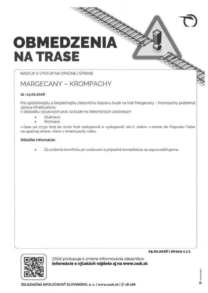Železničná spoločnosť Slovensko informuje cestujúcich o dočasných obmedzeniach na trati Margecany – Krompachy z dôvodu úpravy železničnej infraštruktúry.