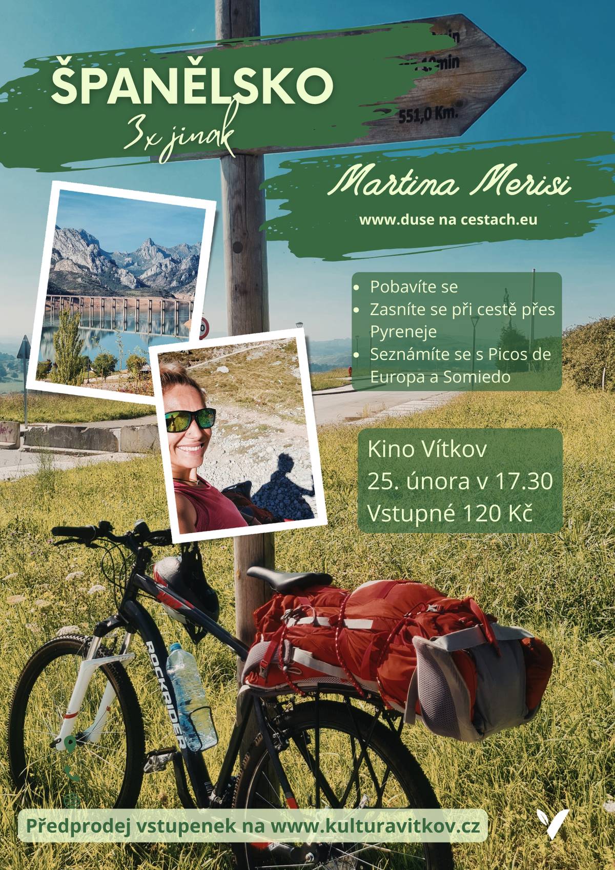 Vydej se na dobrodružnou cestu Španělskem s Martinou Merisi. Čekají tě hory, smích, silné příběhy i okamžiky, které se vryjí do paměti. Přijď se zasmát, zasnít a nechat se inspirovat cestami, které míří až k srdci.