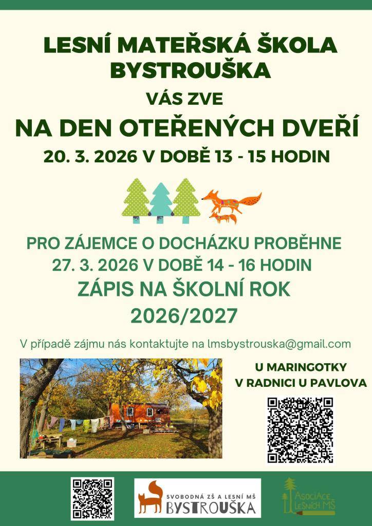 LESNÍ MATEŘSKÁ ŠKOLA BYSTROUŠKA Vás zve na DEN OTEVŘENÝCH DVEŘÍ 20. 3. 2026 od 13 - 15 hod.