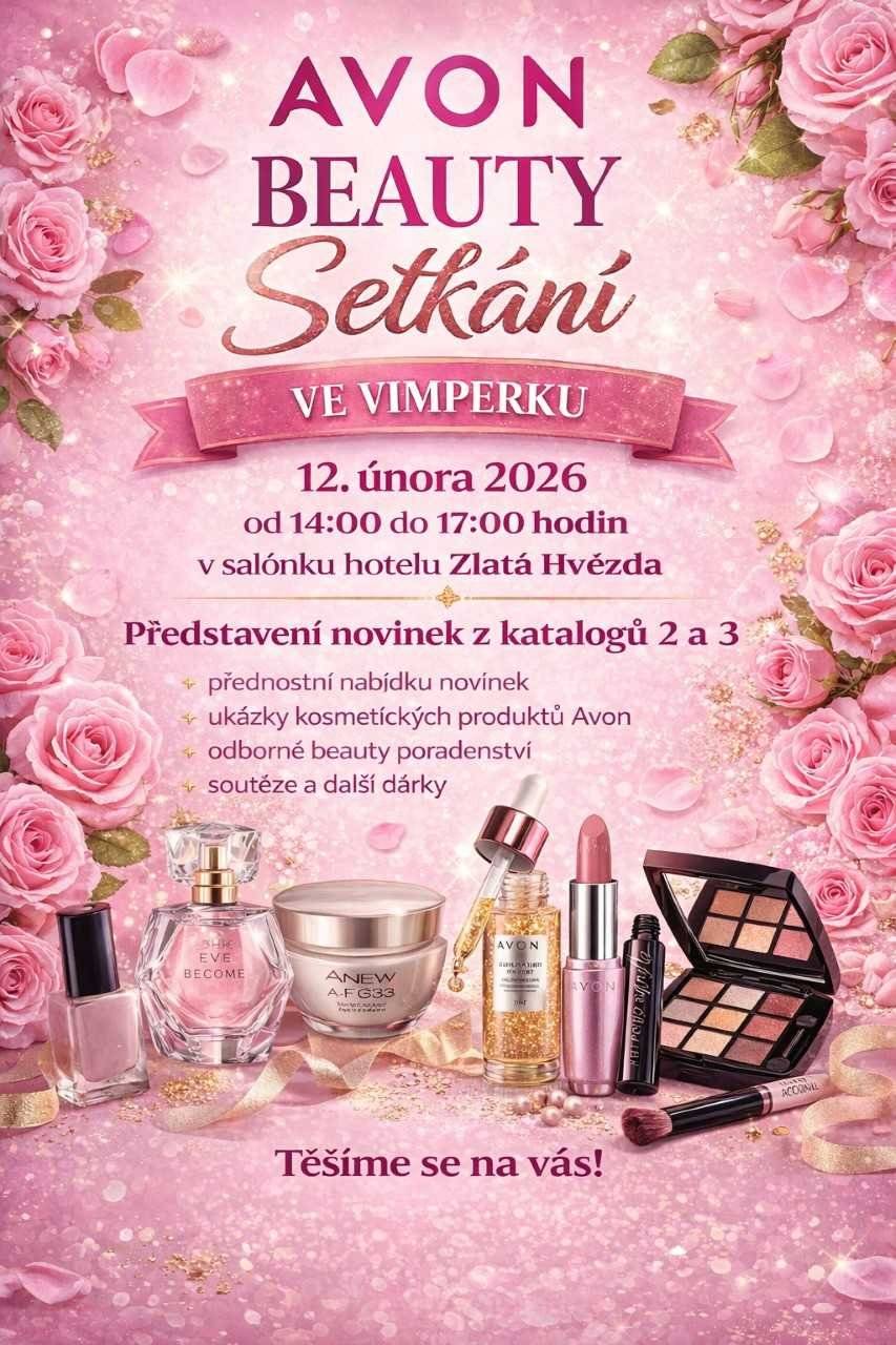 Dne 12. 2 .2026 se koná v salónku hotelu Zlatá hvězda Vimperk prezentace firmy Avon:  ukázka výrobků z katalogů 2 a 3,  prezentace nových lesků s peptidy, možnost navázání spolupráce.    Těšíme se na Vaši návštěvu Lenka a Iveta.😀