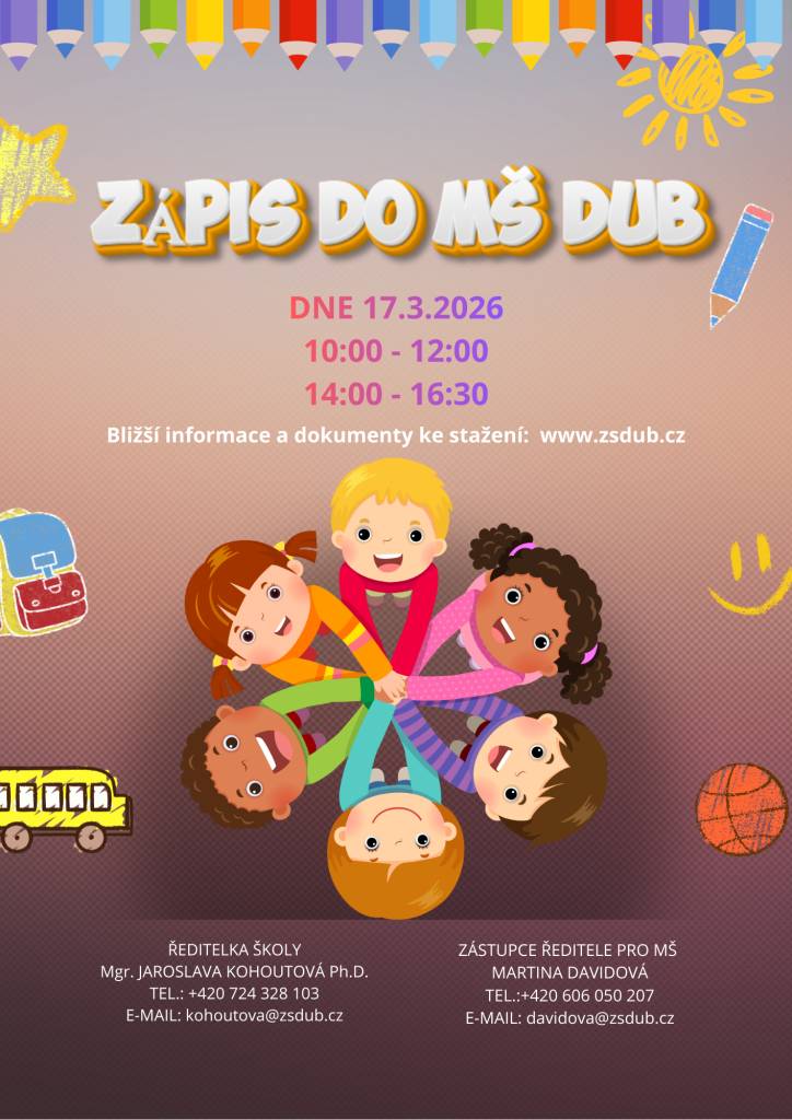 Zápis do MŠ proběhne 17.3.2026 v dopoledních hodinách 10:00 - 12:00 a odpoledne 14:00 - 16:30. TĚŠÍME SE NA VÁS :)