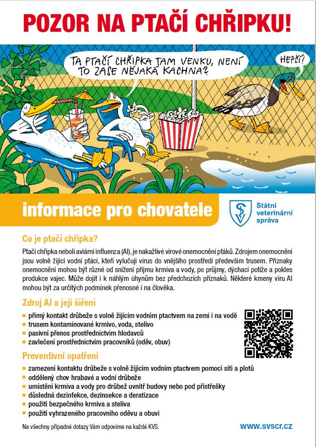 Na Kolínsku byl prokázán výskyt ptačí chřipky, proto Státní veterinární správa připomíná chovatelům základní informace ohledně šíření a prevence.