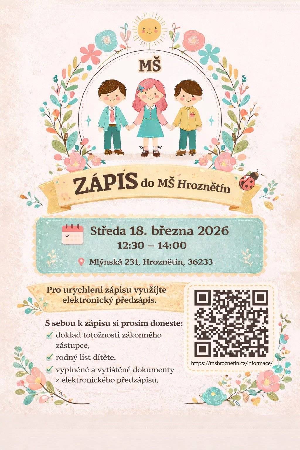 Pozvánka k zápisu dětí do MŠ Hroznětín 18.3.2026