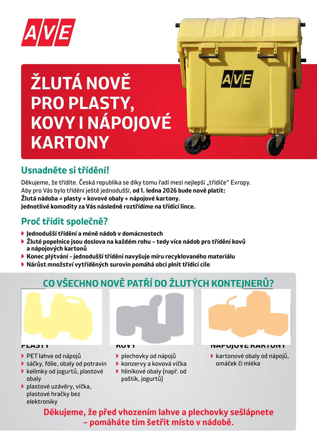 Prosíme občany o pozornost !!!     Od 1. 1. 2026 bude možné do žlutých kontejnerů odkládat kromě plastů také kovy a nápojové kartony.     Multikomoditní sběr = jedna nádoba, trojí užitek.     Veškeré informace o změně, včetně podkladů ke stažení a odpovědí na časté dotazy, naleznete také na webové stránce: www.multikomodita.ave.cz