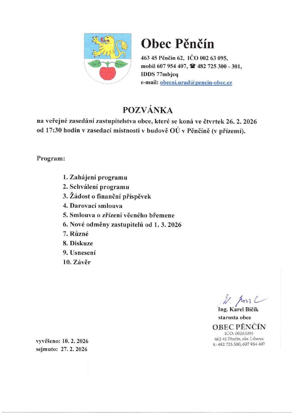 Pozvánka na ZO dne 26.2.2026