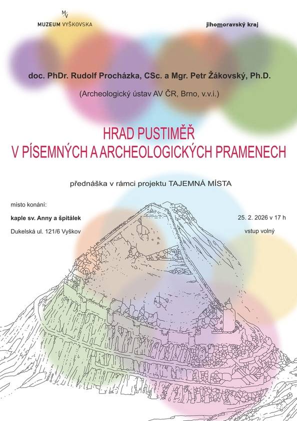 Ve středu 25. února od 17.00 hodin v kapli sv. Anny na Dukelské ulici ve Vyškově uskuteční přednáška Hrad Pustiměř v písemných a archeologických pramenech. Vstup na akci je zdarma. Přednášejícími budou doc. PhDr. Rudolf Procházka, CSc. a  Mgr. Petr Žákovský, Ph.D. z Archeologického ústavu Akademie věd Brno.