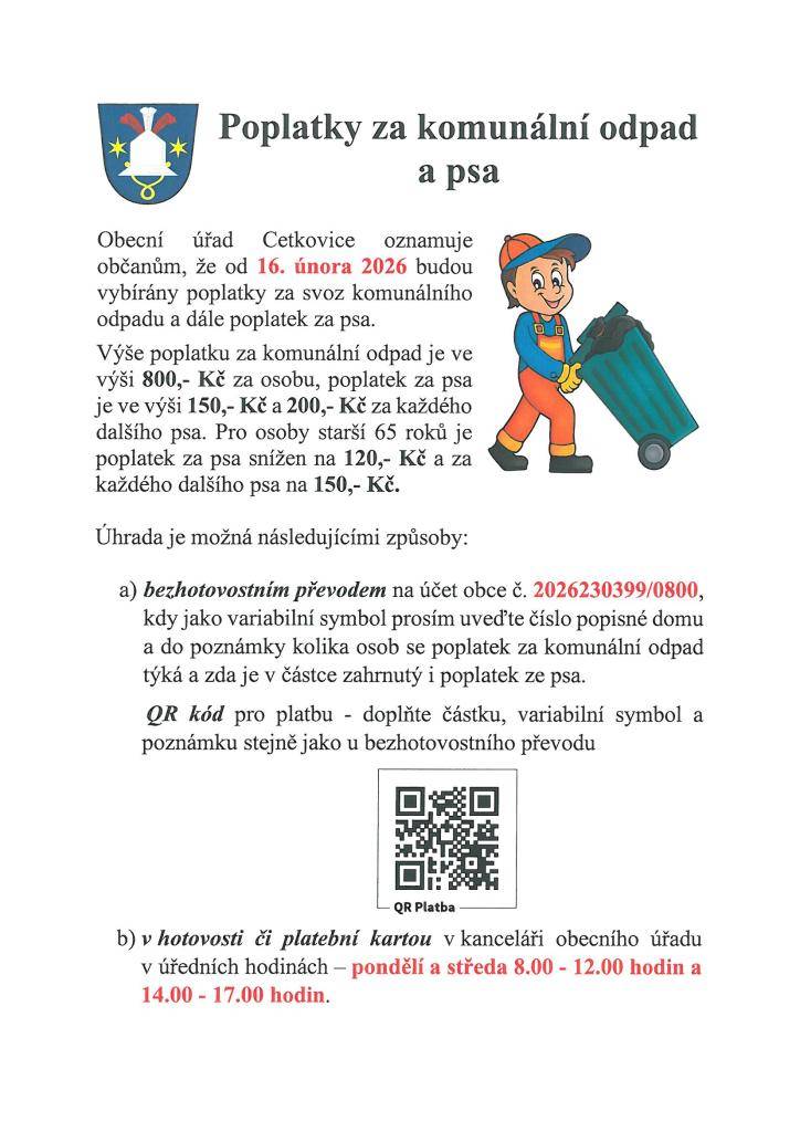 Od 16.2 2026 je možné hradit poplatky za komunální odpad  a psa.