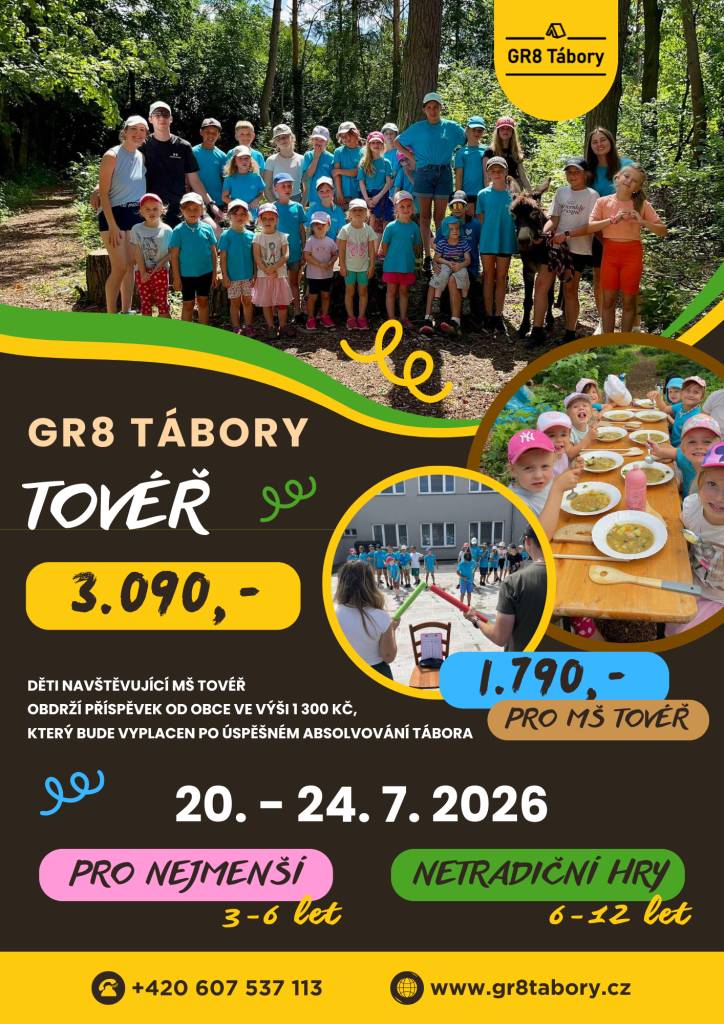 Děti navštěvující MŠ Tovéř obdrží příspěvek od obce ve výši 1300 Kč, který budou moci využít po úspěšném absolvování tábora. Ten se uskuteční od 20. do 24. července 2026 a je zaměřen na zábavu a vzdělávání dětí.