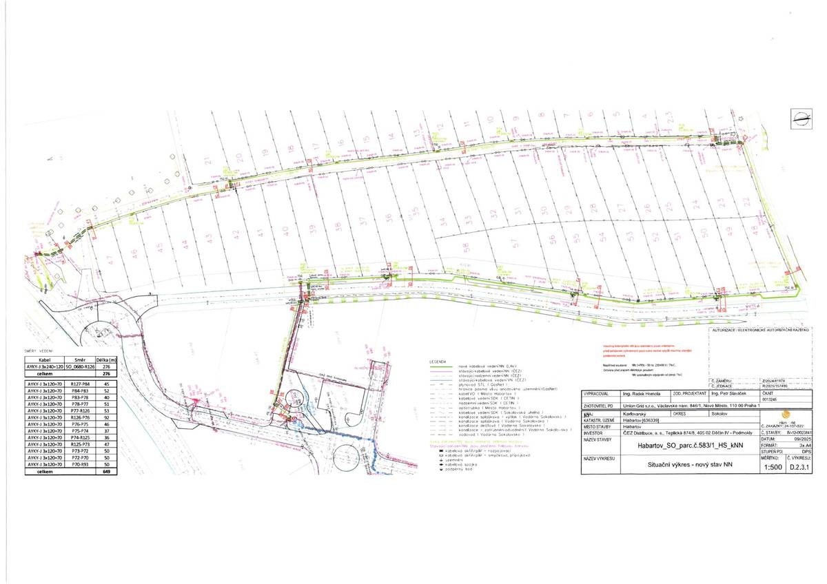 Průvodní dopis Věc" Žádost o spolupráci při oznamovací povinnosti Akce: ,,IV-12-0023841; Habartov_SO_parc.Č.583-1 _HS_kNN,, Investor: ČEZ Distribuce, a.s. Zhotovitel: OMEXOM GA Energo s.r.o., Na Střílně 1929/8, 323 00 Plzeň - Bolevec Vzhledem k tomu, že ve Vašem městě Habartov bude probíhat stavba, která řeší výstavbu nového kabelového vedení NN s kabelovými pilíři, dle projektu vypracovaného společnosti Union Grid s.r.o. v období 02/2026-08/2026, Vás Žádáme o spolupráci při zajišťováni oznamovací povinnosti, dle energetického zákona č.458/2000Sb. v aktuálním znění, Tímto bychom Vás chtěli požádat o vyvěšení přiloženého oznámeni a přehledné situace na úřední desku ve Vašem městě. s přátelským pozdravem OMEXOM GA Energo s.r.o. Lenka Kalousová tel.č. 379 482 864 OZNÁMENÍ   Oznamujeme všem vlastníkům a nájemcům pozemků ve městě Habartov, že v termínu   únor/2026–srpen/2026   bude v této oblasti prováděna stavba, která řeší výstavbu nového kabelového vedení NN s kabelovými pilíři, dle projektu vypracovaného společností Union Grid s.r.o. Montáž bude provádět firma OMEXOM GA Energo, s.r.o. Na Střílně 1929/8, 323 00 Plzeň – Bolevec, tel.: 373303184, fax.: 377542385,  IČO: 49196812, DIČ: CZ-49196812 Společnost je zapsaná v obchodním rejstříku u Krajského soudu v Plzni, odd. C a vl.4355 Oznámení je v souladu se zákonem č.458/2000Sb., novelizován z.č.670/2004. Případná majetková újma na nemovitostech a porostech bude nahrazena dle téhož zákona.  OMEXOM GA ENERGO s.r.o.