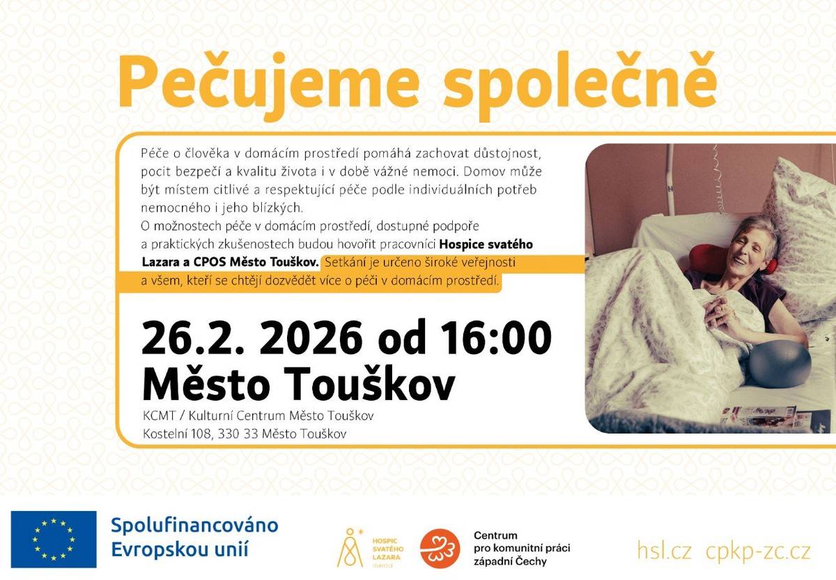 Pečující osoby zvládají víc, než si samy připouštějí – a většinou o tom ani nemluví. Doma se starají o své blízké, seniory či nemocné, často tiše, s obrovskou trpělivostí, láskou a energií. Péče ale bývá nedoceněná, náročná a někdy může být těžké zorientovat se v možnostech pomoci. Projekt Pečujeme společně nabízí setkání pro všechny, kteří chtějí získat informace o možnostech podpory, vyměnit si zkušenosti nebo jen pocítit, že v tom nejsou sami.  26. února od 16 hodin Kulturní Centrum Město Touškov