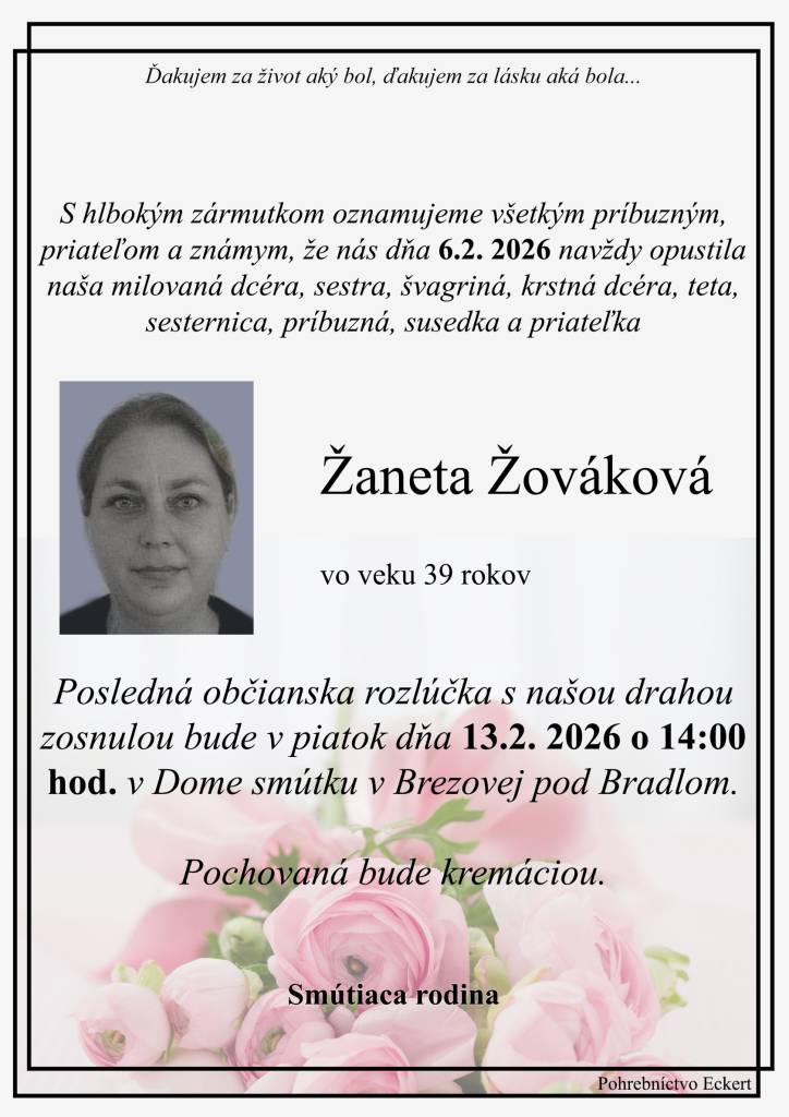 Smútočné oznámenie - Žaneta Žováková
