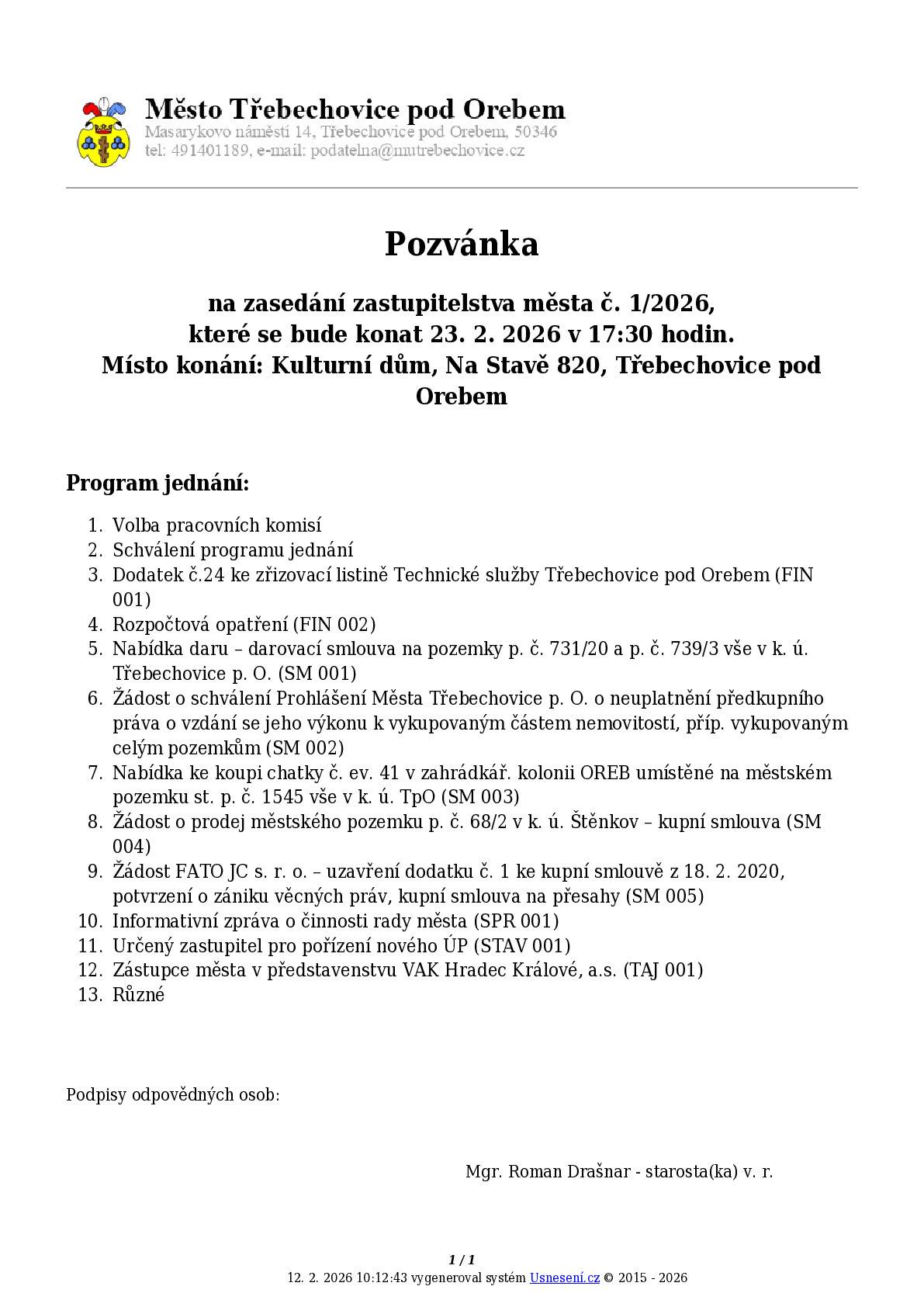 Pozvánka na zasedání zastupitelstva města