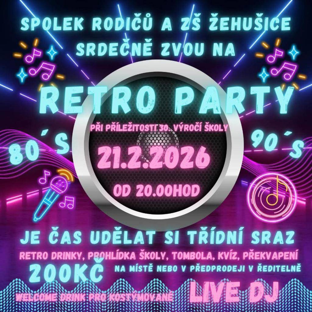 Spolek rodičů a ZŠ Žehušice srdečně zvou na retro party.  Čeká na vás tombola, kvíz a možnost ochutnat retro drinky, navíc si můžete prohlédnout školní prostory.