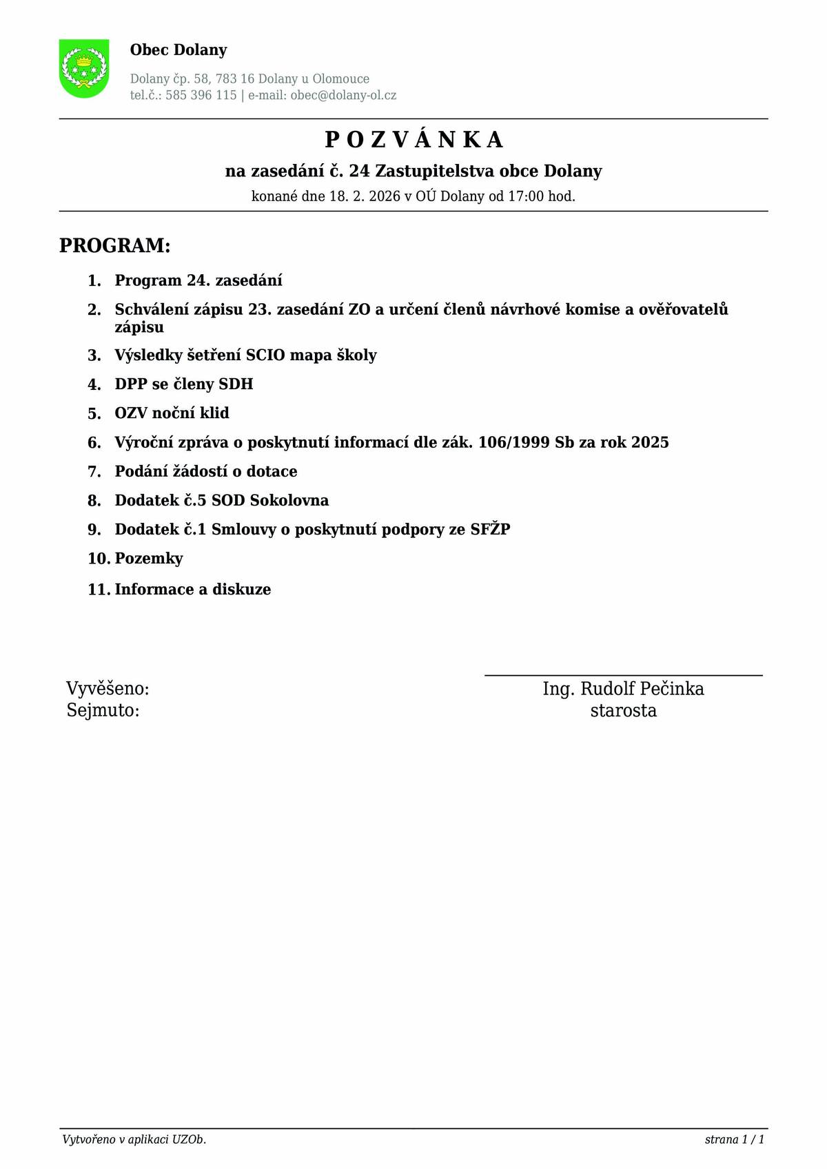 📅 středa 18. února od 17 hodin na OÚ v Dolanech 🏢