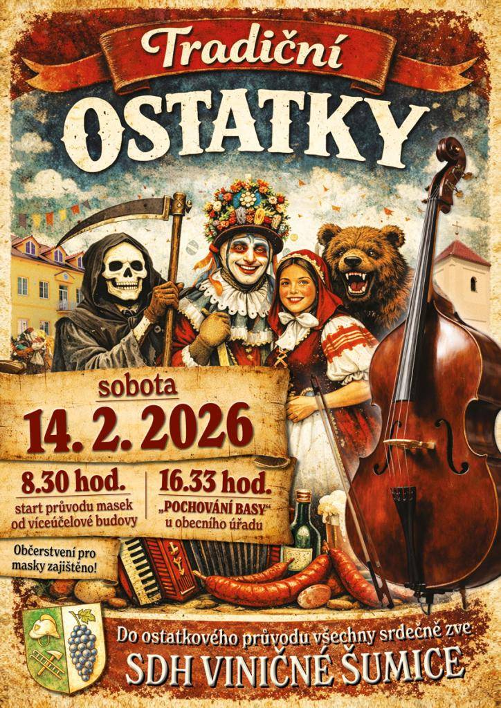 SDH Viničné Šumice Vás zve do ostatkového průvodu v sobotu 14.2.2026. Start průvodu masek od víceúčelové budovy v 8:30 hod. "Pochovávání basy" u obecního úřadu v 16:33 hod. Občerstvení pro masky zajištěno!