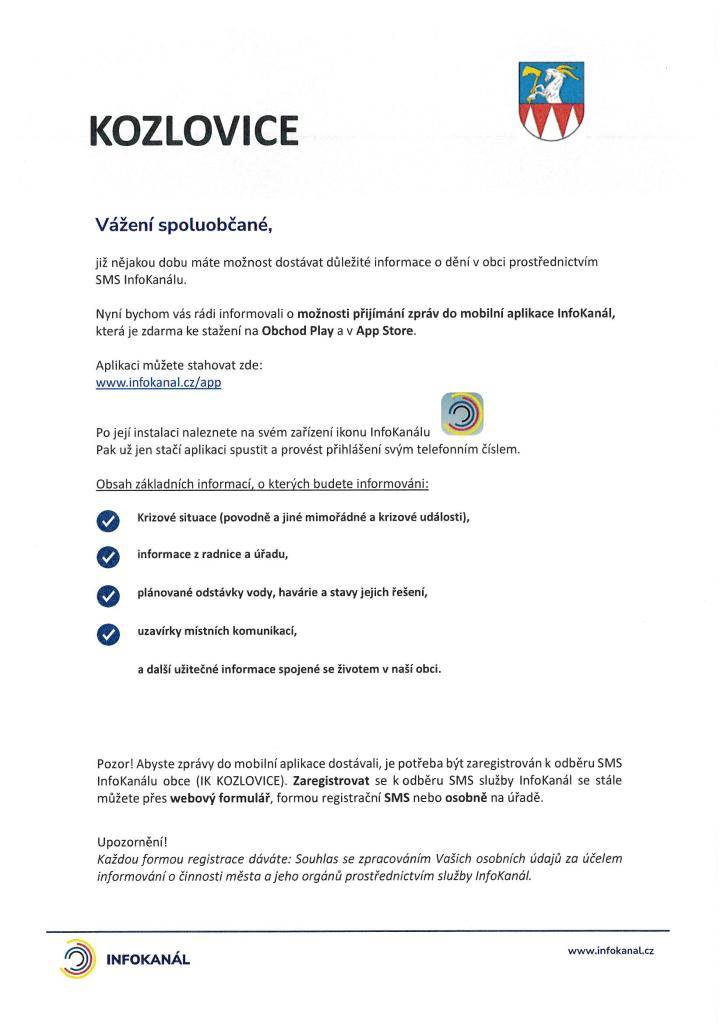 možnost dostávat zprávy z obce do mobilní aplikace InfoKanálu