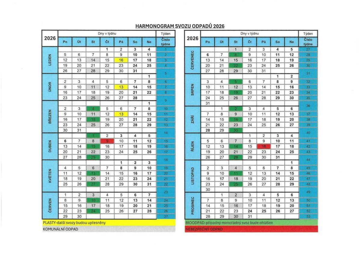 Harmonogram svozu odpadů na rok 2026