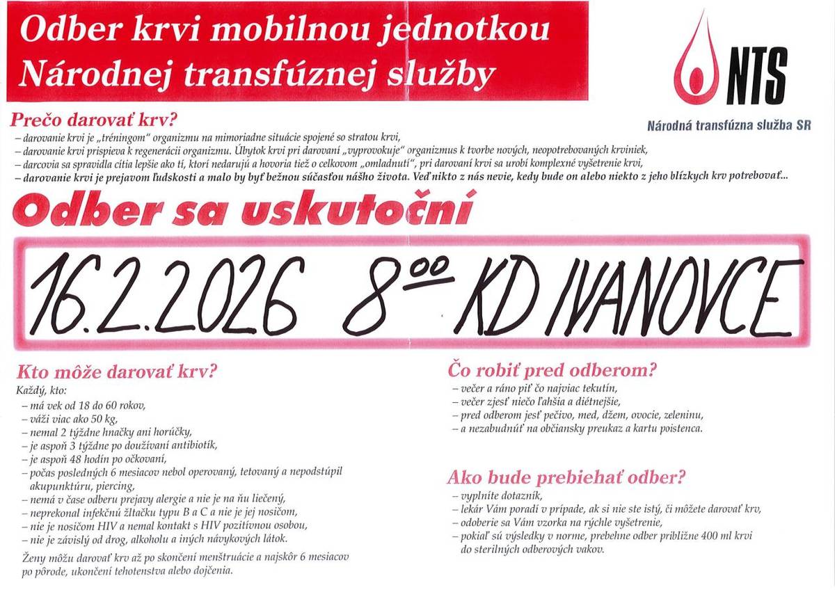 Odber krvi mobilnou jednotkou NTF v Ivanovciach  16.02.2026 o 8.00 hod. KD Ivanovce