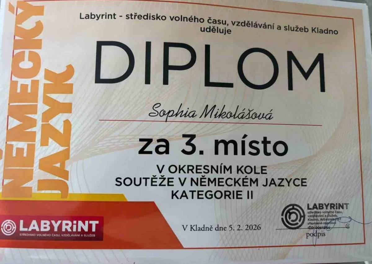 Naše žákyně 9. třídy Sophia Mikolášová se zúčastnila v prvním únorovém týdnu okresního kola soutěže v německém jazyce a obsadila v silné konkurenci 3. místo. Tímto Sophii gratulujeme a děkujeme za vzornou reprezentaci naší školy!