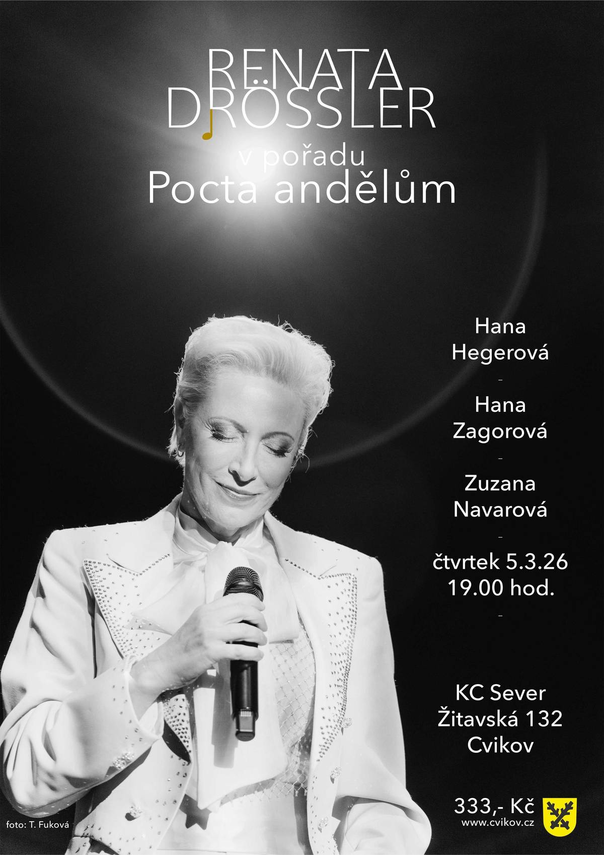 Přijďte si připomenout, že i andělé zpívají česky. Jsou hlasy, které se neztrácí, ani když jejich nositelky odejdou. Hana Hegerová, Hana Zagorová a Zuzana Navarová. Tři jména, tři duše, tři osudy, které se navždy otiskly do československé kultury. Každá jinak, ale všechny stejně opravdově. V novém projektu „Pocta andělům“ se k jejich odkazu s pokorou vrací Renata Drössler – žena s hlasem, který umí nést příběh. „Nechci je napodobovat. Nechci jen vzpomínat. Chci být s nimi, chci s nimi spolutvořit. Chci jim zpívat tak, aby věděly, že jsme na ně nezapomněli.“ Renata navazuje na svůj oceňovaný program Pocta Haně Hegerové – večer, ve kterém dokázala, že šanson může být současný, hluboký a strhující zároveň.