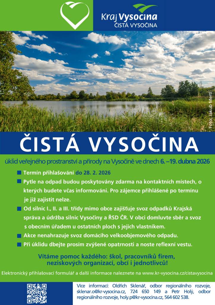 V rámci celosvětové kampaně Den Země, který připadá na 22. dubna, pořádá Kraj Vysočina již 17. ročník akce Čistá Vysočina spojené s úklidem přírody.