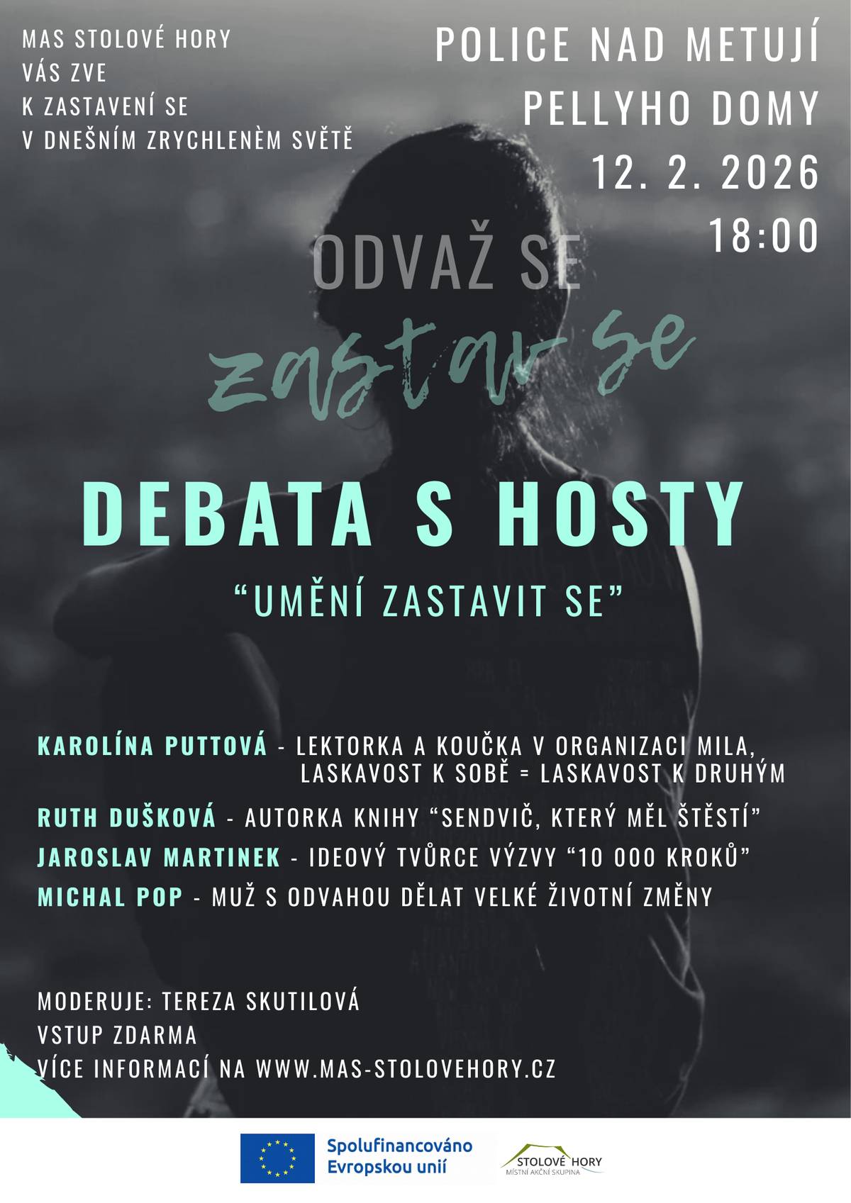 Místní akční skupina Stolové hory - komunitní práce - Vás srdečně zve na dvoudenní setkávání o zpomalení, péči o sebe a odvaze žít trochu jinak. Přijďte se na chvíli zastavit v dnešním zrychleném světě – sám/a se sebou i s ostatními. ODVAŽ SE - ZASTAV SE. Ve středu 11. února zveme od 16 h na vernisáž fotografií na polickém náměstí, pokračovat budeme v 17 hodin v knihovně rozmluvou s evangelickým farářem Markem Bártou a od 18.30 nás čeká muzikoterapie s Pavlínou Prudiolovou v sále Pellyho domů. Ve čtvrtek 12. února začínáme ve 14 hodin společnou vycházkou s Jaroslavem Martinkem, poté proběhne panelová diskuze s hosty na téma odvahy k zastavení se a péče o sebe. Na debatu naváže prodej fotografií, které budou měsíc vystavené ve výlohách obchodů kolem polického náměstí. Výtěžek z prodeje bude poskytnut polickým  nízkopříjmovým rodinám s dětmi.    Více o programu na plakátech, webové a facebookové stránce MAS Stolové hory.   Odkaz na událost na Fb zde: https://fb.me/e/1TUSbnt90s