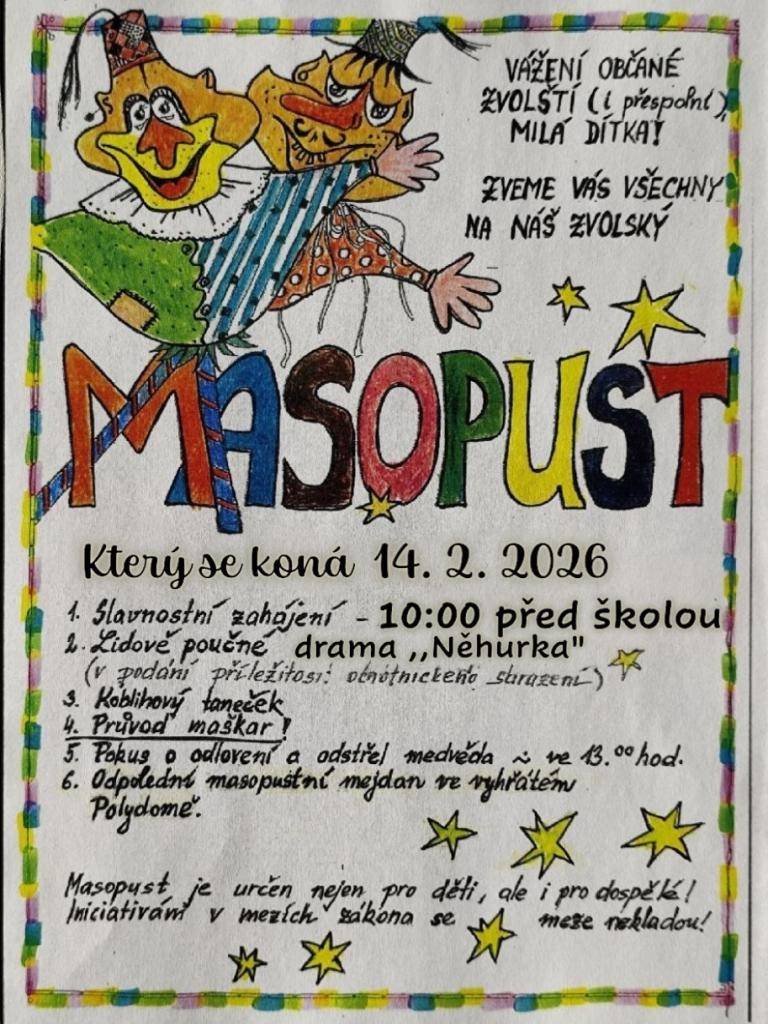 14.2. Masopustní rej masek dopoledne a odpoledne mejdan v Polydomě pro děti i dospěláky