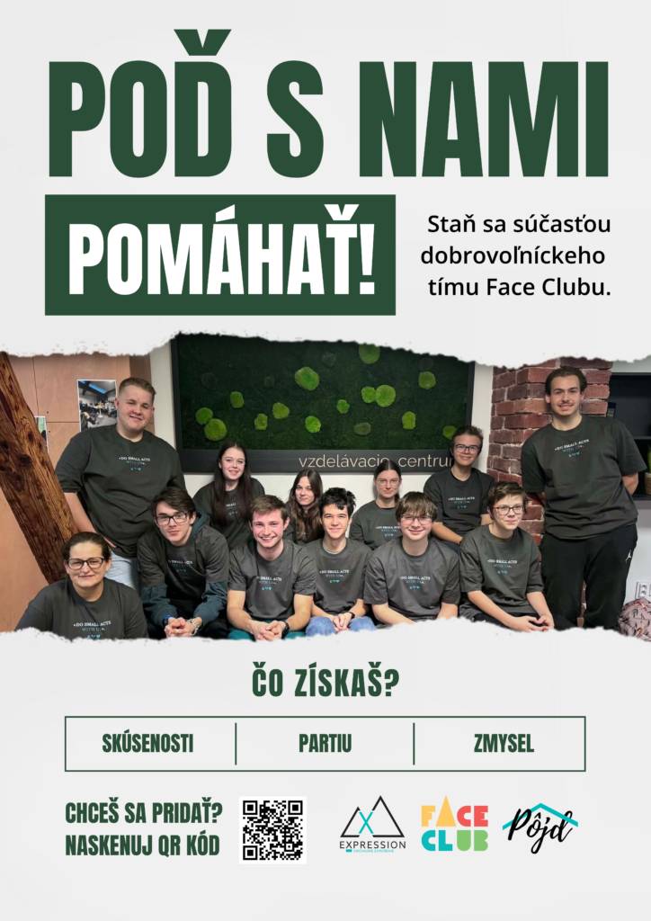 FACE CLUB hľadá mladých ľudí od 13 rokov, ktorí sa chcú zapojiť do dobrovoľníckych aktivít pre deti a mládež v našom meste. 🤝 Dobrovoľníci sa podieľajú na príprave a realizácii...