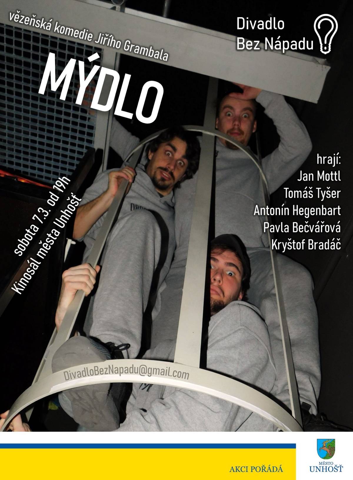 Srdečně Vás zveme na divadelní ztvárnění vězeňské komedie s názvem "Mýdlo" v sobotu 7.3.2026 od 19 hodin do Multifunkčního sálu města Unhošť.